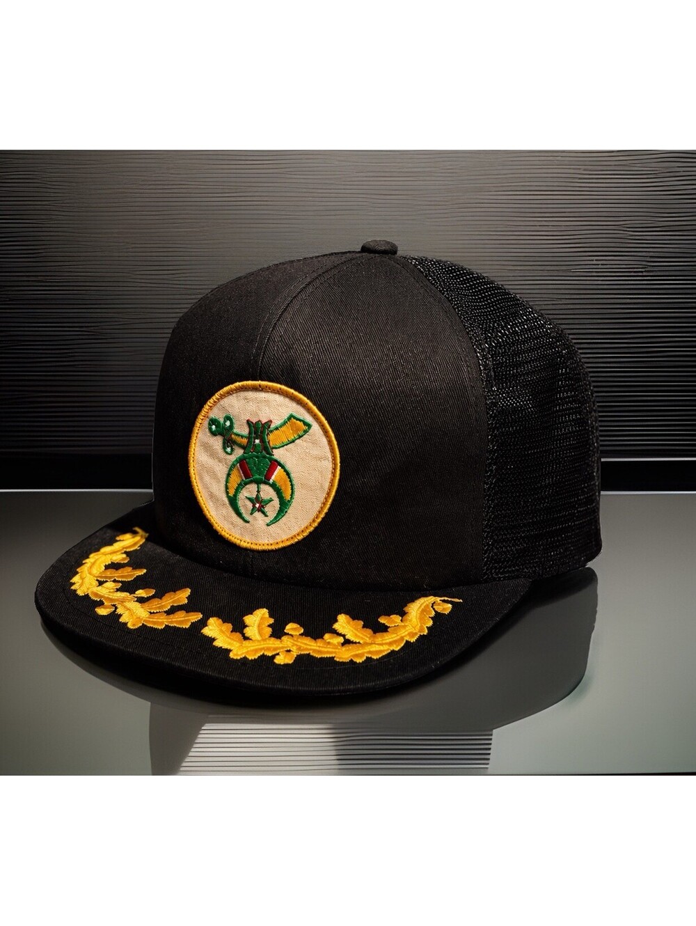 Vintage Shriners Potentate Black Trucker Hat Gold Embroidered Bill Snapback
